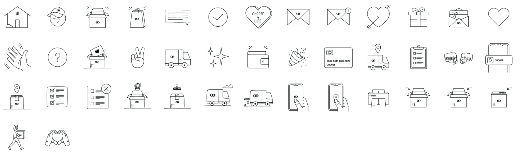 Une quarantaine d’illustrations au trait : maison, colis, sac, cœur, cadeau, camion, carte bancaire, téléphone, livreur…