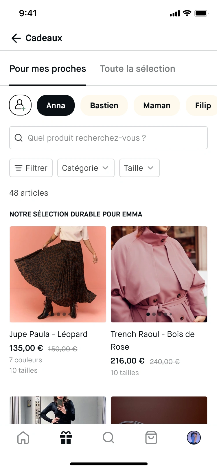 Cadeaux V2 : onglets « Pour mes proches » et proches sélectionnables (Anna, Bastien, Maman…)