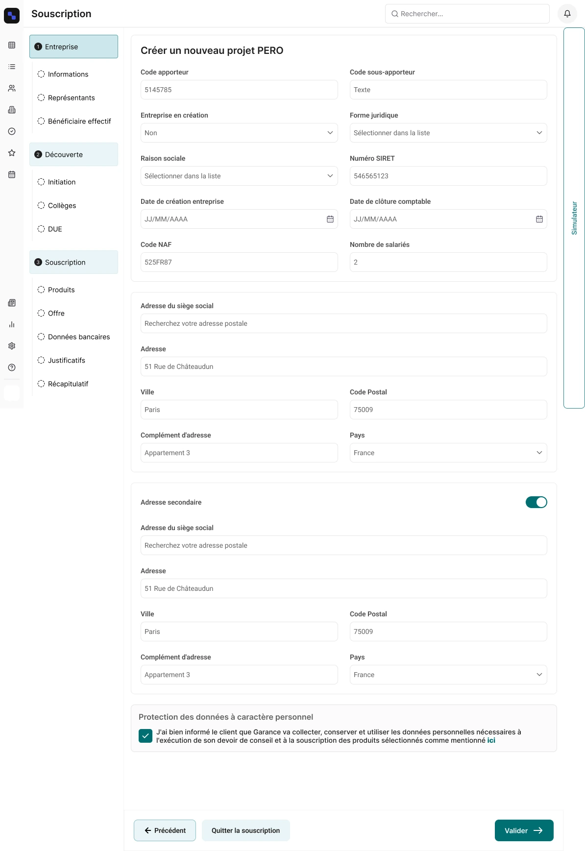 Avant : le formulaire Informations, un seul bloc, et le toggle de l’adresse secondaire activé qui fait apparaître six champs de plus
