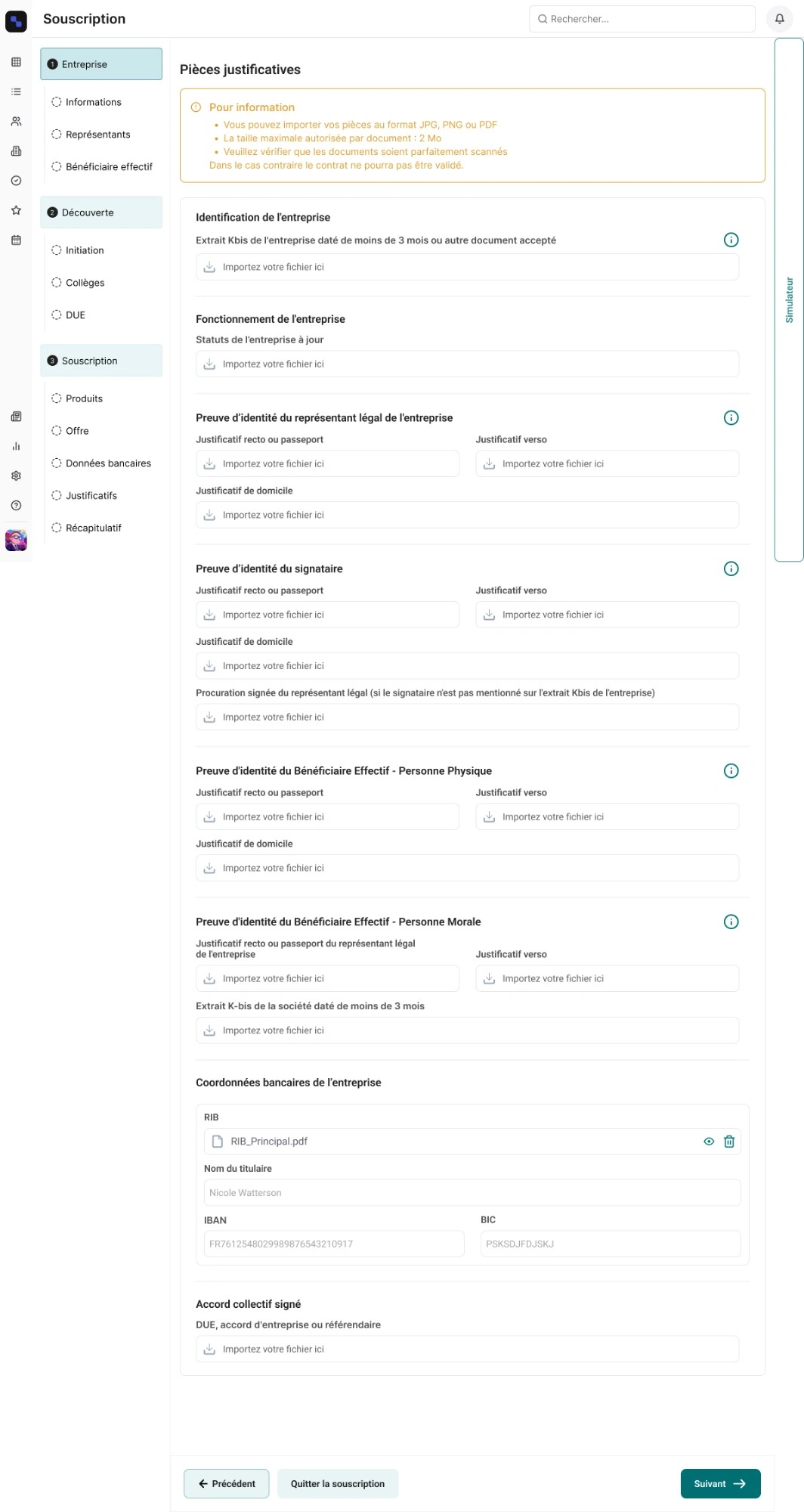 Avant : une longue liste de champs d’import rangés par type de document, recto et verso toujours séparés