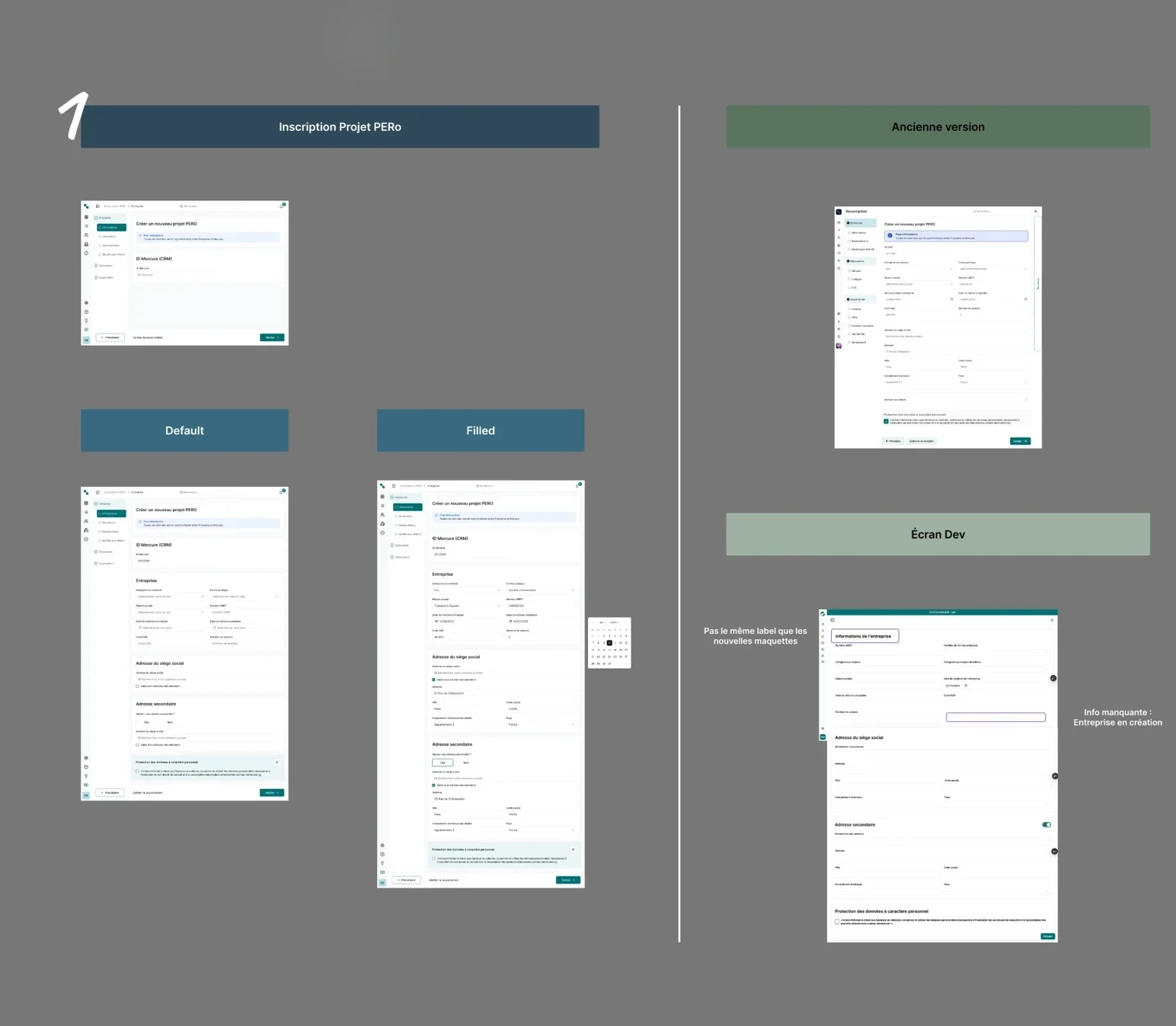 Planche Figma « Inscription Projet PERO » : les états Default et Filled de l’écran, face à l’ancienne version et à l’écran développé, annoté « Pas le même label que les nouvelles maquettes » et « Info manquante : Entreprise en création »