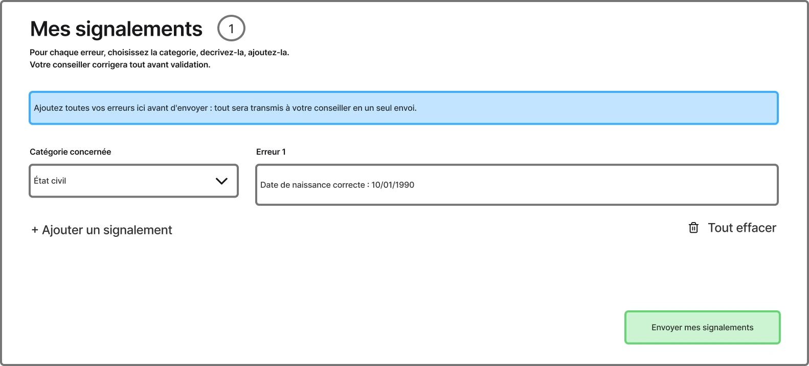 Wireframe de la card « Mes signalements » : une catégorie choisie dans le dropdown, l’erreur décrite, « Ajouter un signalement » et « Envoyer mes signalements »