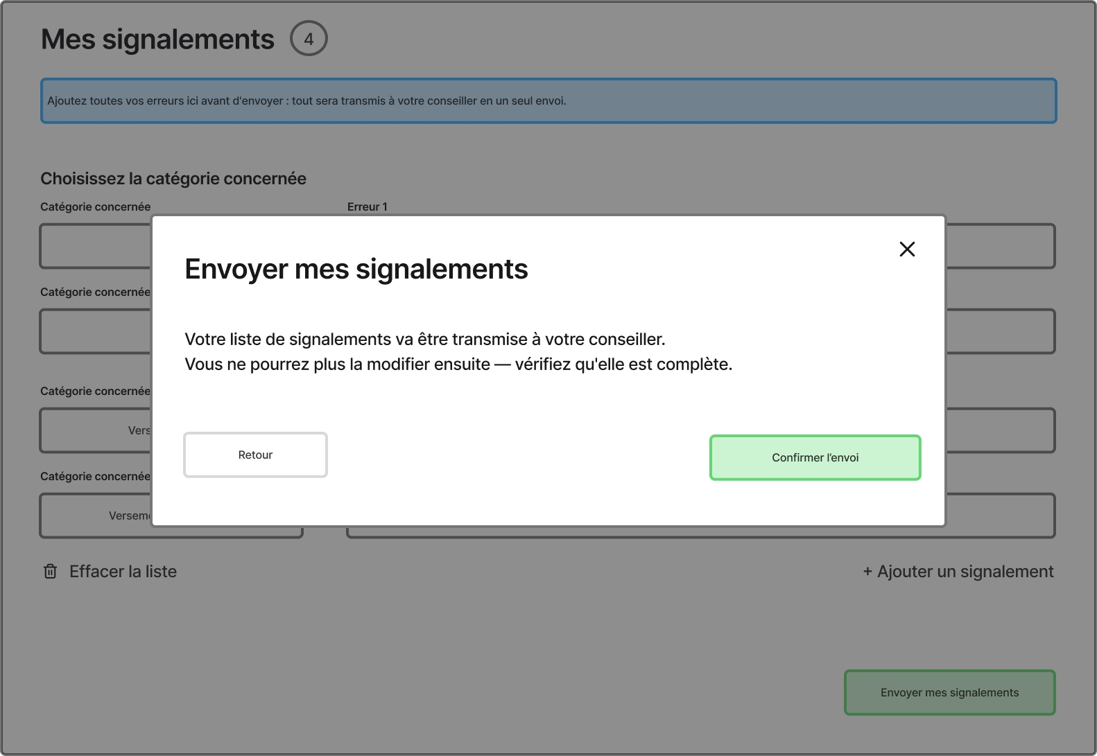 Wireframe de la modale « Envoyer mes signalements » : la liste sera transmise au conseiller et ne pourra plus être modifiée, avec Retour et Confirmer l’envoi
