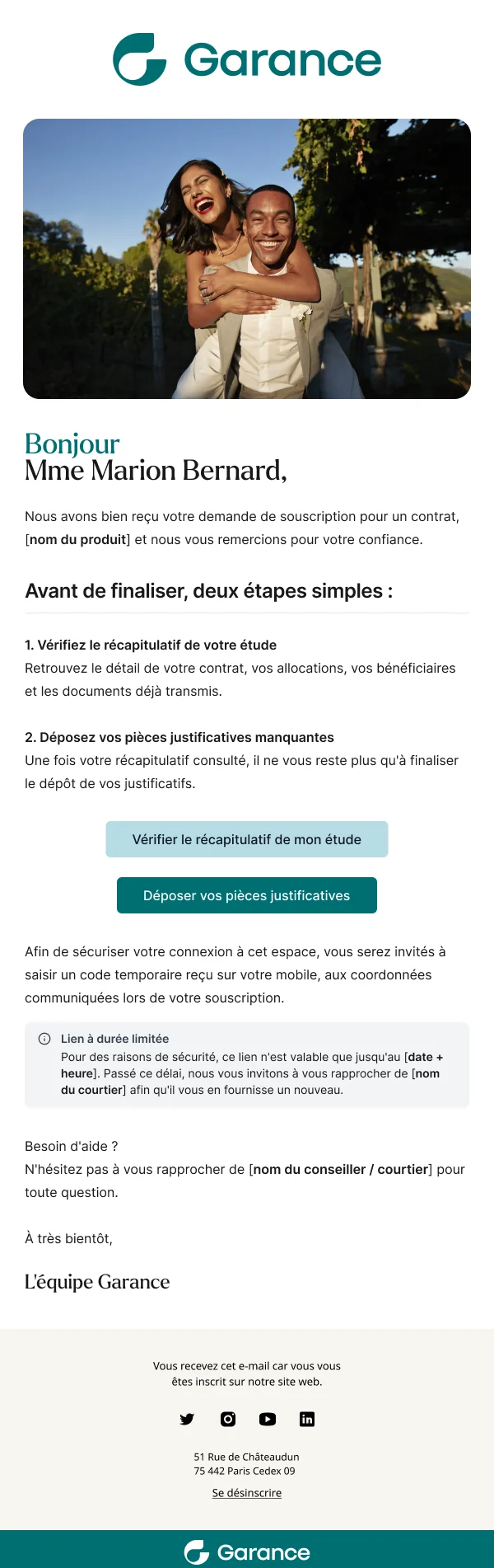 L’e-mail Garance : « Avant de finaliser, deux étapes simples », vérifier le récapitulatif de votre étude, puis déposer vos pièces justificatives
