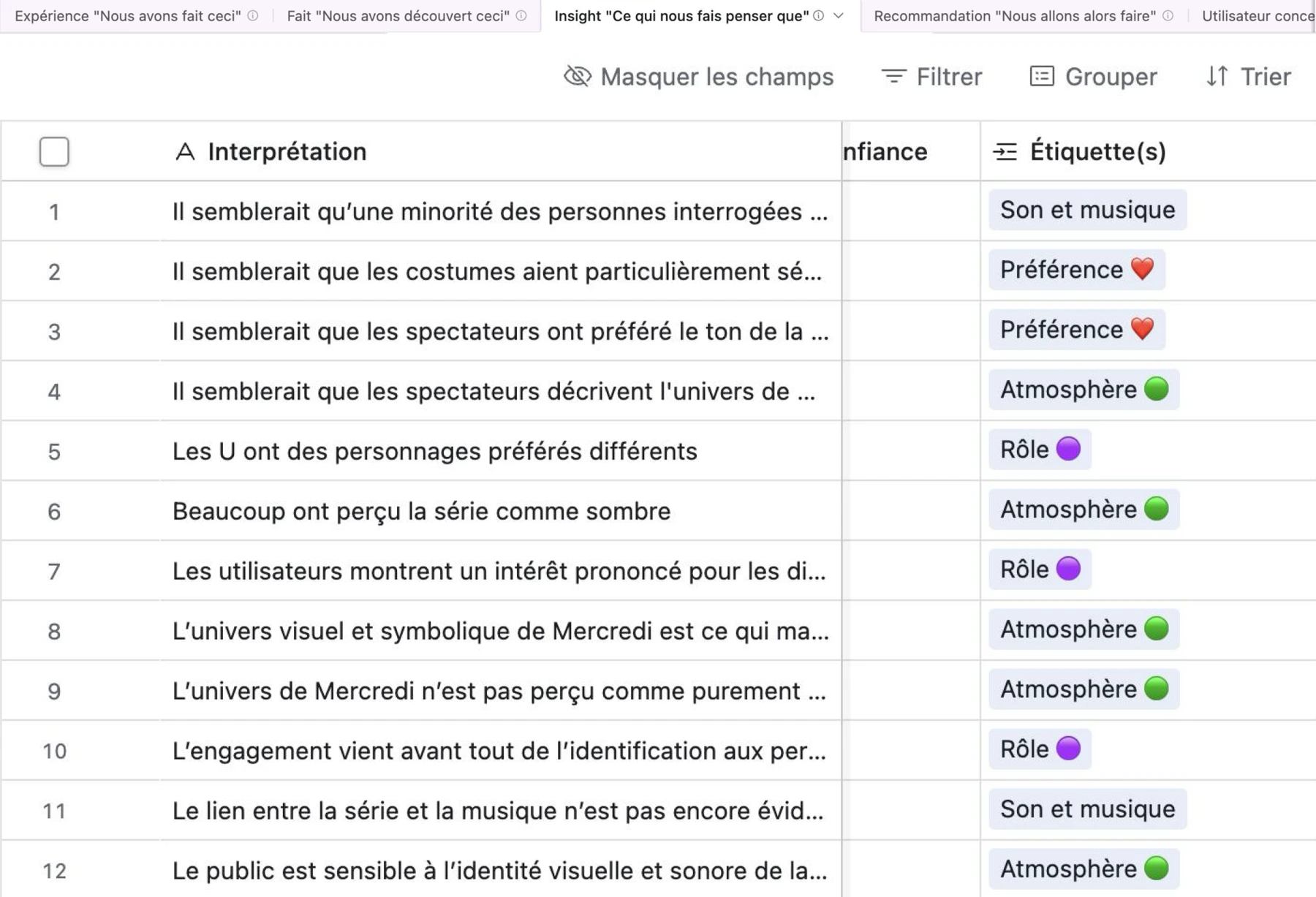 La base Airtable « Atomic Recherche Mercredi » : 12 insights classés par étiquette (Son et musique, Préférence, Atmosphère, Rôle)