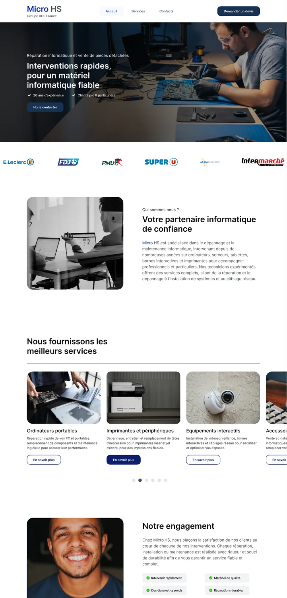 Après : la nouvelle page, en-tête clair, hero avec promesse et bouton, logos partenaires, qui sommes-nous et services en cards