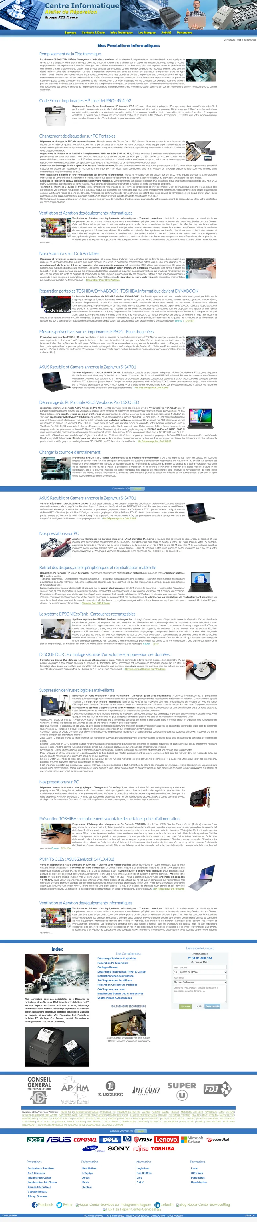 La page d’accueil actuelle de micro-hs.com en entier : bannière photo, menu bleu, puis une vingtaine d’articles techniques en paragraphes justifiés, et un bas de page saturé de liens